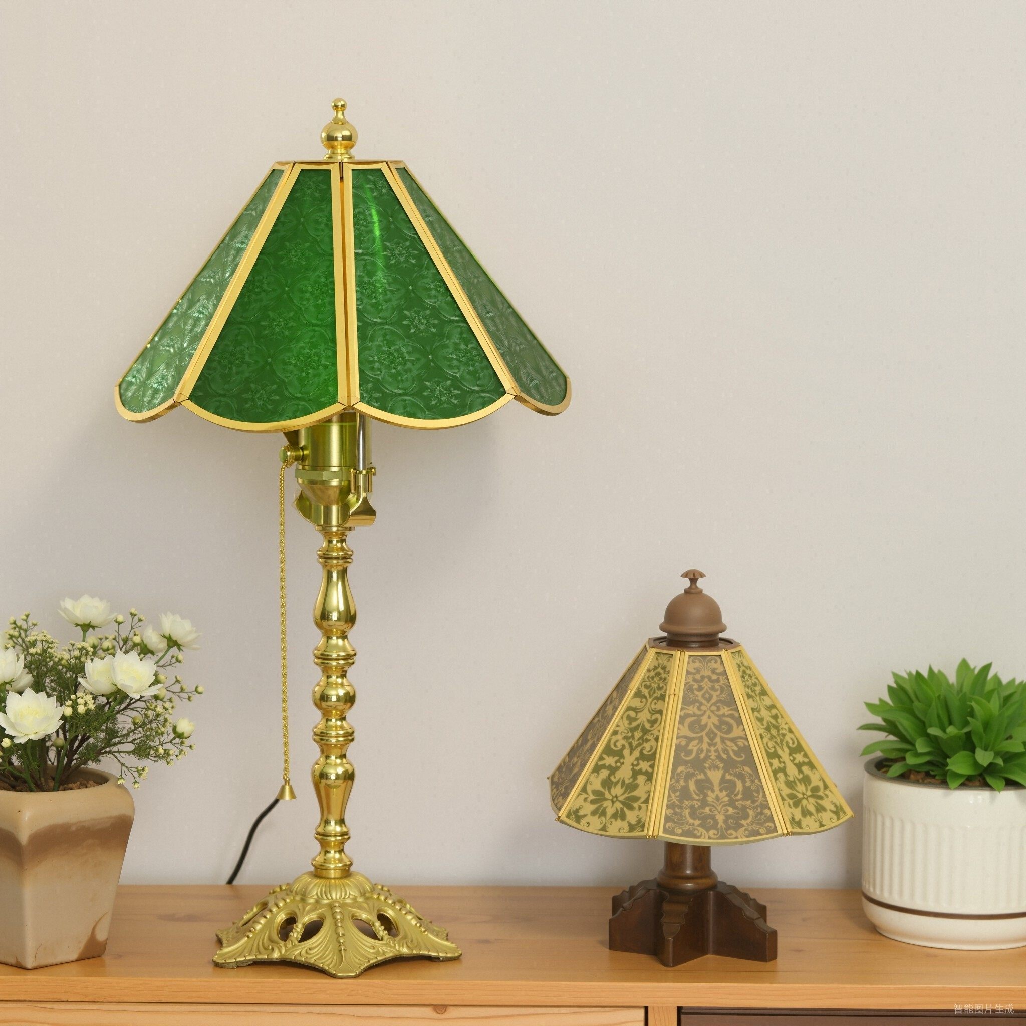 vintage复古海棠玻璃法式氛围卧室床头灯罩 黄铜蒂凡尼绿玻璃台灯