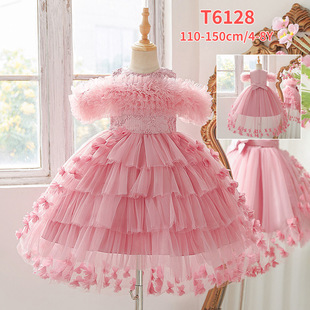 新款 女童拖尾裙儿童贴花一字肩网纱燕尾裙小女孩生日宴会走秀礼服