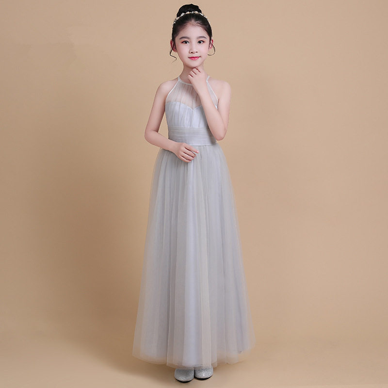 儿童礼服女童公主裙挂脖灰色蓬蓬纱网裙主持人小礼服钢琴演出服