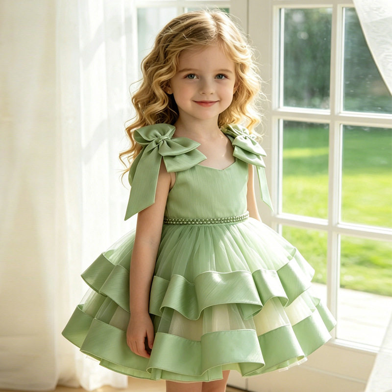 跨境儿童周岁礼服蝴蝶结吊带蓬蓬纱裙婴幼儿生日宴会表演服连衣裙