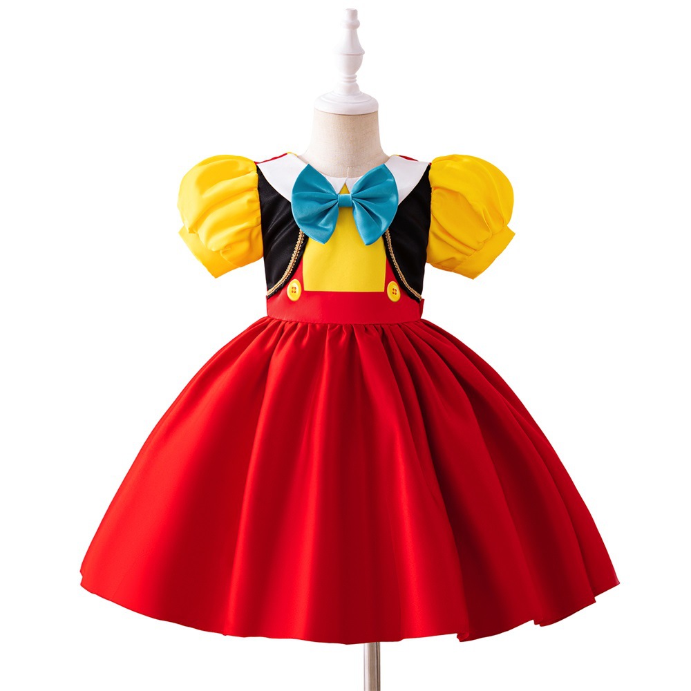 欧美匹诺曹女童礼服儿童泡泡袖蝴蝶结洗礼服小女孩cos角色扮演服