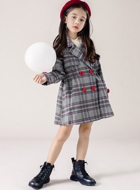 POKA女童格子外套2021秋装新款童装韩版洋气中长款中大童英伦风衣