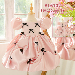 欧美新款女童礼服公主裙中大童蝴蝶结泡泡袖礼服儿童生日走秀礼服