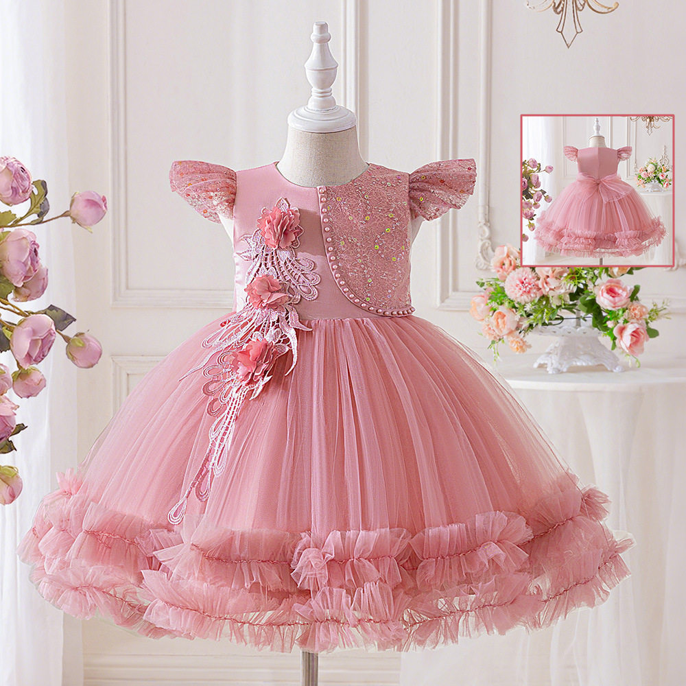 新款儿童钢琴演出服中大童小飞袖贴花网纱公主裙女童生日宴会礼服