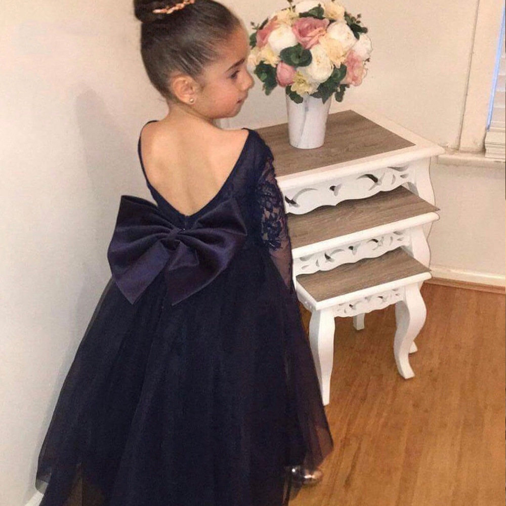 2023春季新款女童礼服欧美蕾丝刺绣蝴蝶结公主裙中大童婚纱长裙