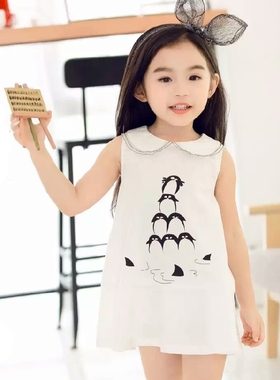 POKA夏季新款女童纯棉印花可爱企鹅翻领无袖单层背心裙公主连衣裙