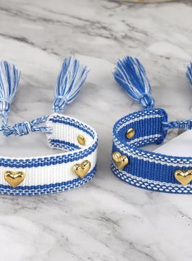 维安手工编织流苏情侣手链金色心形手环可调节闺蜜礼物创意小饰品