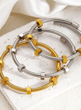 跨境新款欧美六角螺母弹力开口手镯钛钢时尚潮流嘻哈手环男女同款