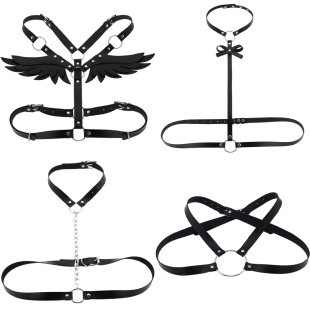 欧美皮质天使翅膀背带套装 皮具上衣束缚带束腰带束吊带身体链 女式