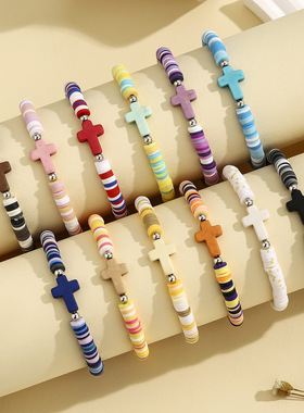欧美波西米亚风彩色软陶松石十字架手链套装海滩风弹力绳手串