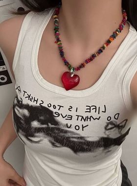 时尚多巴胺水晶米珠项链红色琉璃爱心个性串珠爱心甜酷辣妹饰品