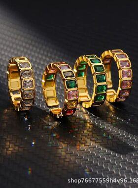 跨境热款彩色锆石戒指几何金色女式个性简约感指环不掉色现货批发