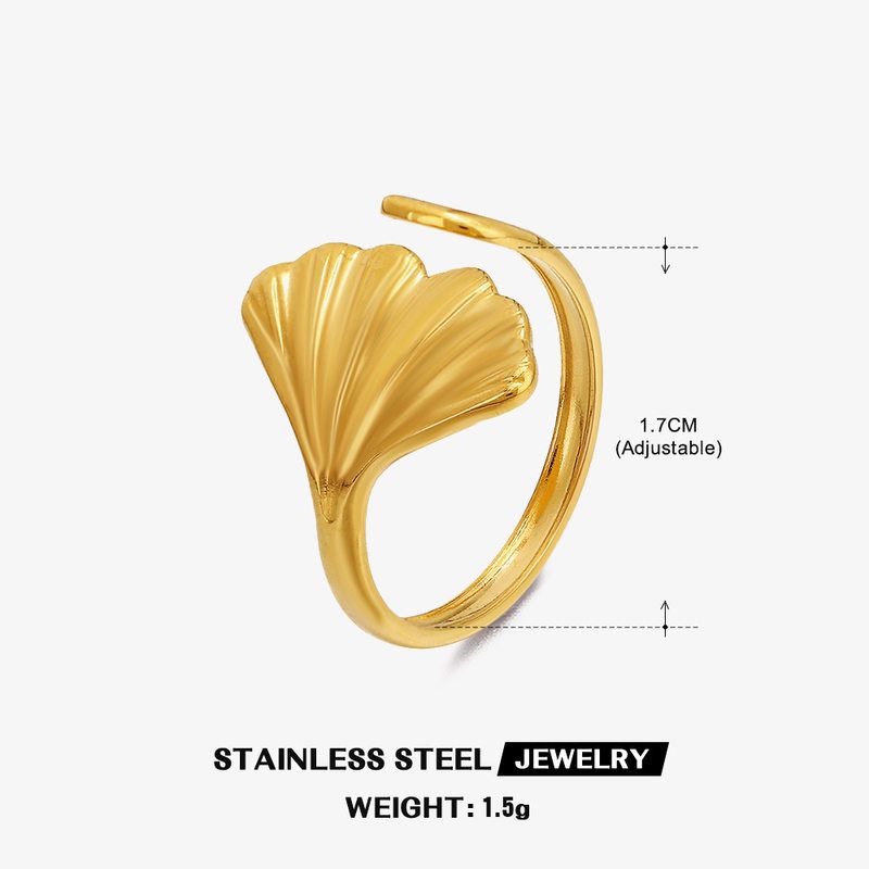 Cross-Border Popular Stainless Steel Leaf Ring, French Retro Open Adjustable 18K Gold-Plated Titanium Steel Leaf Ring