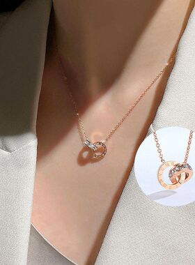 钛钢项链女韩版罗马数字双环吊坠ins潮镶钻锁骨链个性设计感颈链