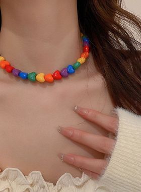 可爱糖果彩虹亚克力爱心锁骨链欧美ins气质网红甜美时尚几何项链