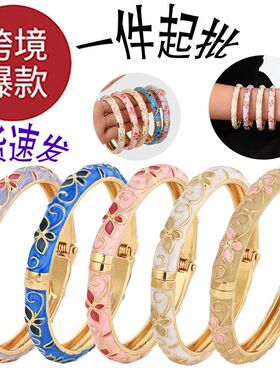 跨境热销清新甜美彩色滴油四叶草手镯女复古宫延风五叶花叠戴手环