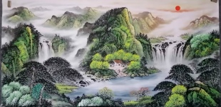 手绘真迹国画字画山水画靠山聚宝盆旭日东升客厅办公室酒店挂画