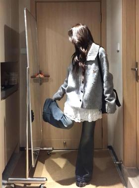 复古休闲早秋外套慵懒风灰色翻领针织开衫女2025新款秋冬外穿上衣