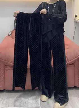 松紧腰抽绳重工烫钻波点休闲长裤春季女士金丝绒黑色窄版阔腿裤女