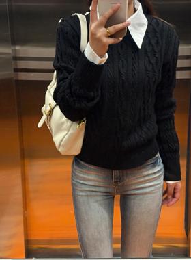 韩系高级感拼接衬衫领黑色假两件毛衣女秋冬季软糯麻花针织衫上衣