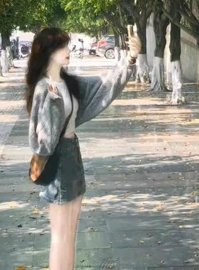 灰色镂空针织衫防晒衣女夏季开衫薄款披肩外搭上衣罩衫吊带两件套