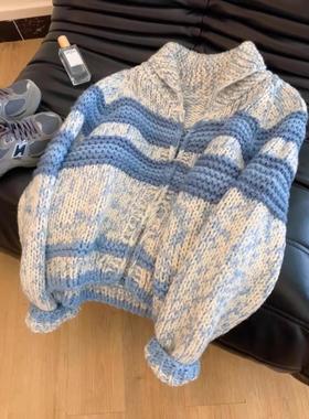 韩系慵懒风绝美蓝色条纹翻领粗针织毛衣开衫外套秋冬女新款上衣潮