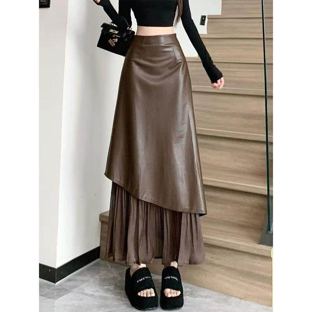 咖色网纱拼接A字长裙女士P