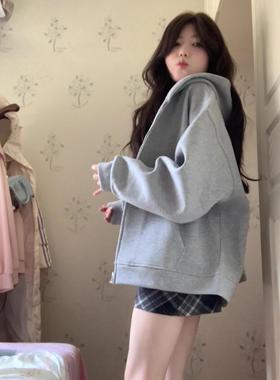 美式复古灰色连帽卫衣女春秋2025新款oversize松弛感慵懒秋冬外套