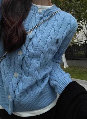 蓝色麻花毛衣女秋冬季2025新款韩系温柔加厚针织开衫外套短款上衣