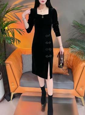黑色金丝绒开叉连衣裙女2025春秋新款方领复古新中式改良旗袍裙子