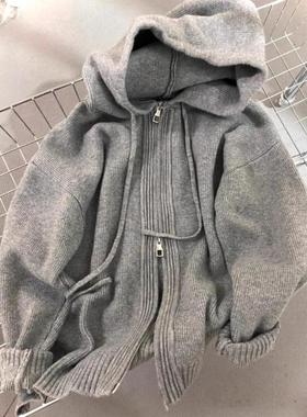 灰色连帽毛衣外套女宽松春秋冬外搭慵懒风加厚针织双拉链卫衣开衫