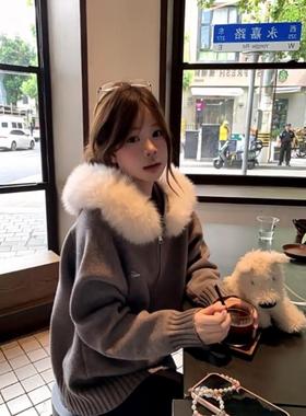 韩系慵懒风灰色毛领外套连帽针织开衫女秋冬季小个子宽松外搭上衣