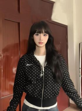 美式复古黑色波点字母印花开衫长袖卫衣女春秋百搭学院风气质外套