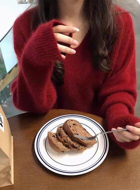 车厘子本命年新年红色V领毛衣女套头宽松外穿慵懒风2025过年上衣