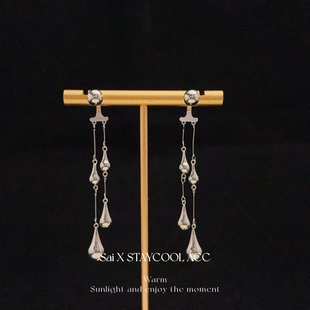 新中式 国风银色金属水滴造型耳线女士耳钉耳坠高级感耳饰摇曳灵动