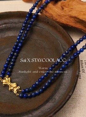 4mm青金石红玛瑙蝴蝶结扣串珠双层项链女士锁骨链复古中古