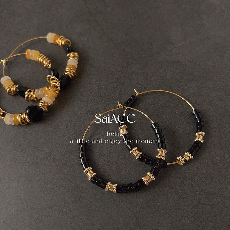 中古风复古石玛瑙串珠女士耳环大圆圈耳扣北欧财阀系列耳圈