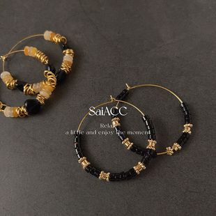 中古风复古石玛瑙串珠女士耳环大圆圈耳扣北欧财阀系列耳圈