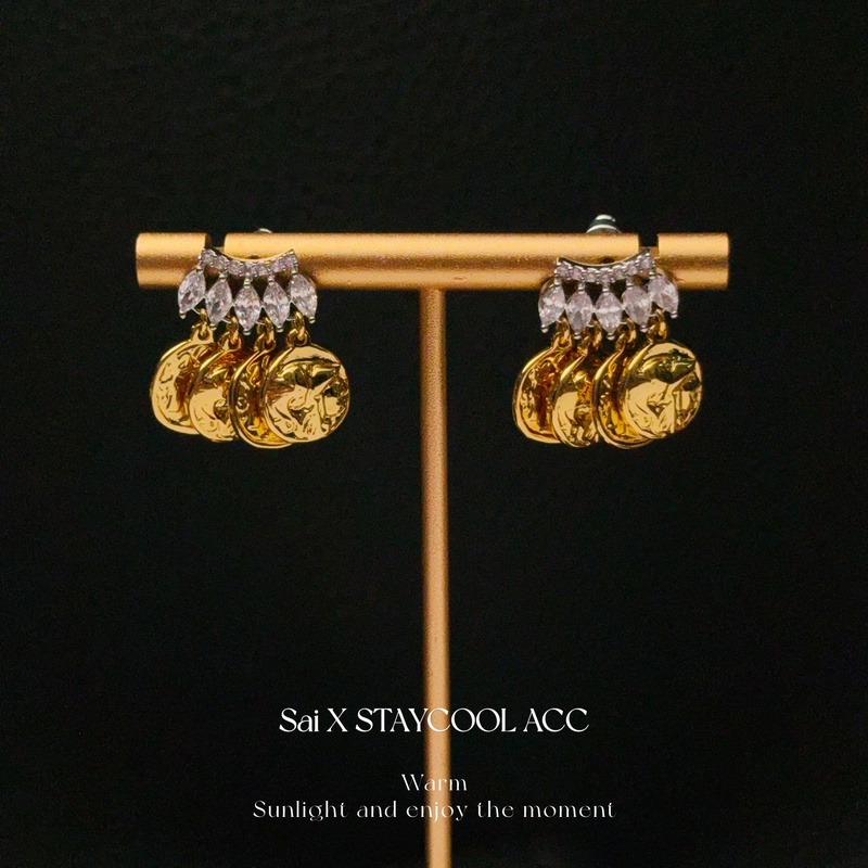 925银针希腊人像金币流苏耳圈女士耳环复古高级感锆石轻奢耳钉