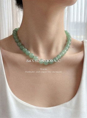 10mm绿东陵玉串珠项链女士锁骨链新中式国风复古毛衣链中古