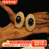 椭圆黑玛瑙镶锆石耳钉女士北欧风复古简约耳环中古风vintage