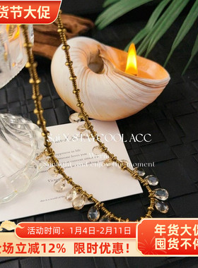 复古埃及做旧透明琉璃流苏吊坠满天星项链女士高级感锁骨链42cm