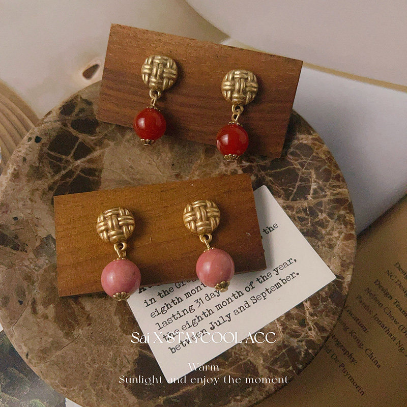 中古风红玛瑙编织纹vintage复古女士耳环老金做旧耳坠耳环,饰品/流行首饰/时尚饰品新,耳钉,淘宝优惠券,粉丝福利购,淘宝优惠卷