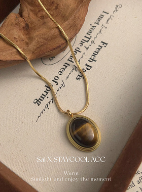虎眼石椭圆形吊坠钛钢项链女士高级感北欧风毛衣链ins风