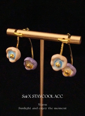 粉红色粉紫色花朵流苏耳线女士复古耳环高级感珐琅法式