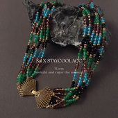 中古复古风多层彩色琉璃女士项链锁骨链短链做旧金色贝壳扣48厘米