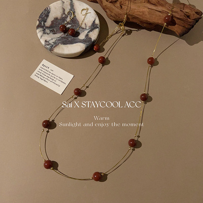 复古西洋红玛瑙满天星间珠项链女士长款多戴毛衣链高级感