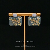 烧蓝古法珐琅彩方形耳钉复古中古耳钉女士耳环新中式 国风高档