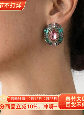 椭圆水晶锆石耳钉女士复古宫廷风中古风耳环高级感轻奢璀璨绿色