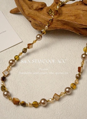 秋冬美拉德虎眼石珠珠贝母项链女士高级感锁骨链时髦毛衣链